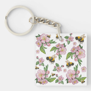 Apple blossom tree and bees watercolor pattern key ring