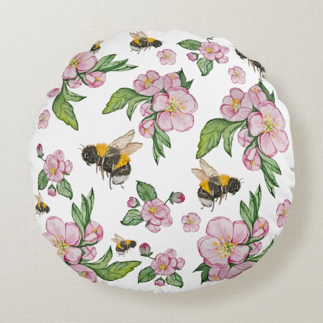 Apple blossom tree and bees watercolor pattern round cushion (Front)