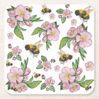 Apple blossom tree and bees watercolor pattern