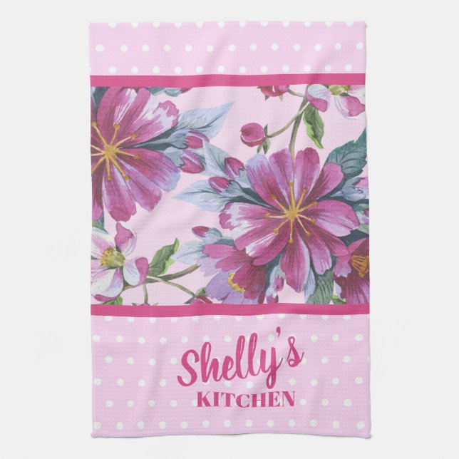 Apple Blossoms and Pink Polka Dots Kitchen Towel (Vertical)
