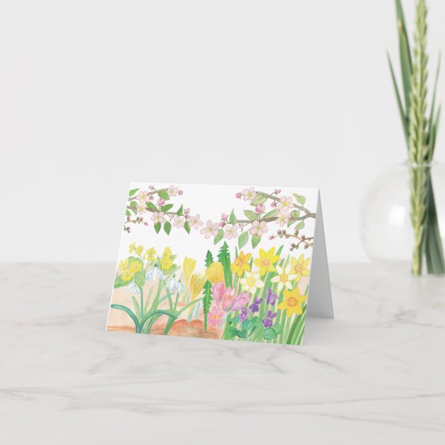 Apple Blossoms & Spring Flowers Illustration Holiday Card (Front)