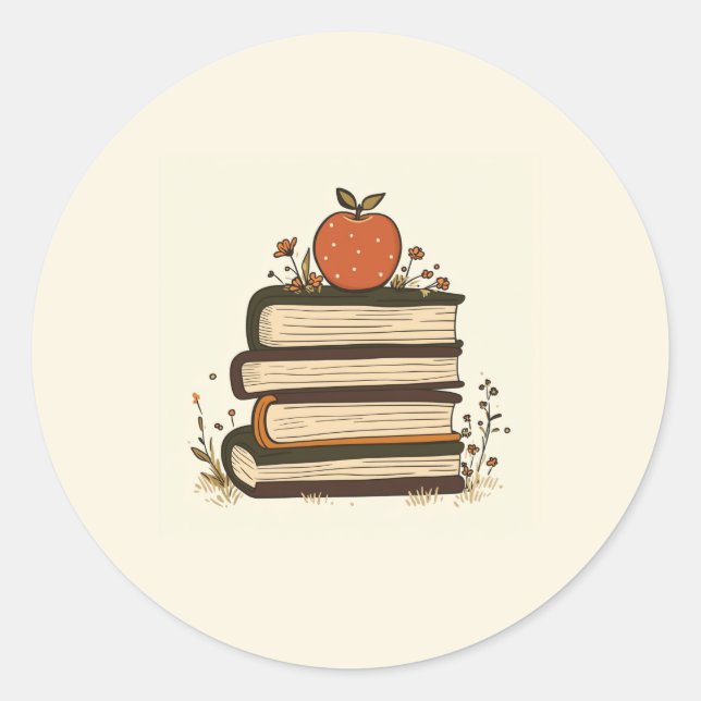 Apple Book Stack Round Sticker (Front)