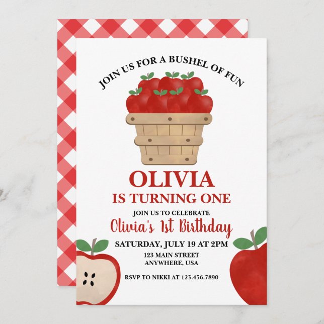Apple Bushel of Fun 1st Birthday Invitation (Front/Back)