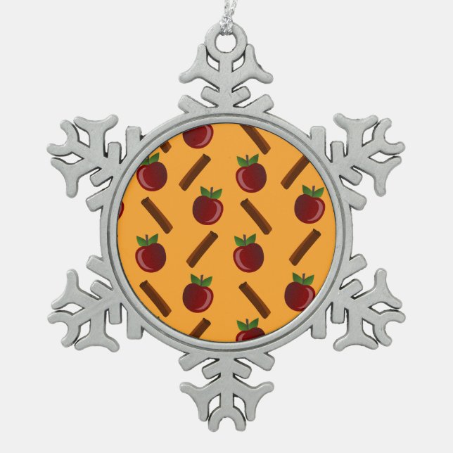Apple Cinnamon Pattern Snowflake Pewter Christmas Ornament (Front)