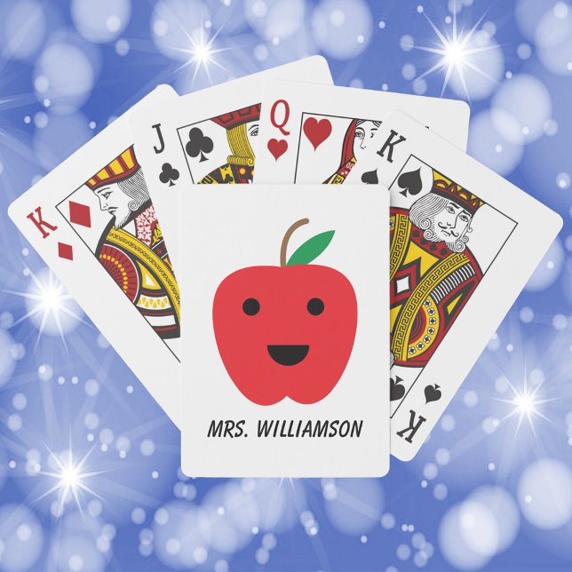 Apple Cute Red Kawaii Personalise Playing Cards (Playing cards with a cute kawaii red apple and text that can be customized!)