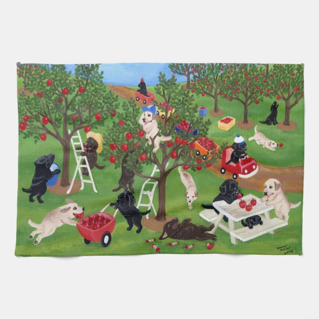 Apple Farm Labradors Painting Tea Towel (Horizontal)