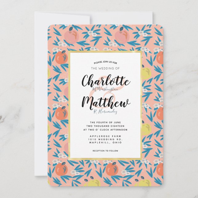 Apple Floral Coral Pink Navy Wedding Invitation (Front)