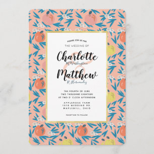 Apple Floral Coral Pink Navy Wedding Invitation