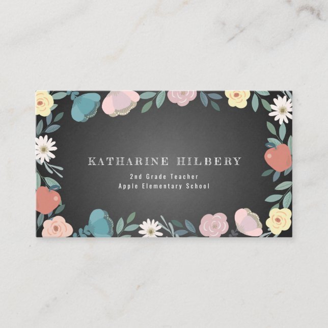 Apple Floral Garden Black Chalkboard Teacher Business Card (Front)