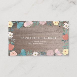 Apple Floral Garden Rustic Wood Teacher Business Card