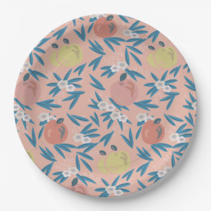 Apple Floral Pattern Coral Pink Paper Plate