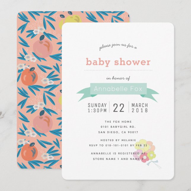 Apple Floral Pink Navy Baby Shower Invitation (Front/Back)