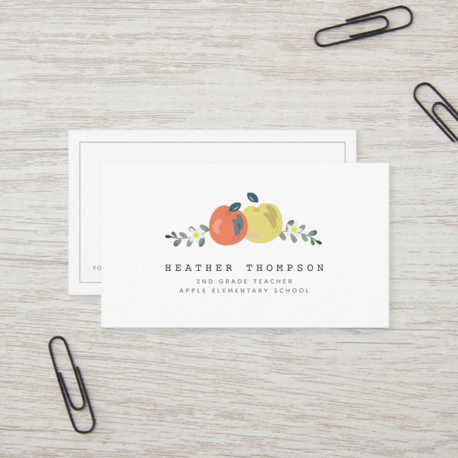 Apple Floral White Simple Teacher Business Card (Front/Back In Situ)