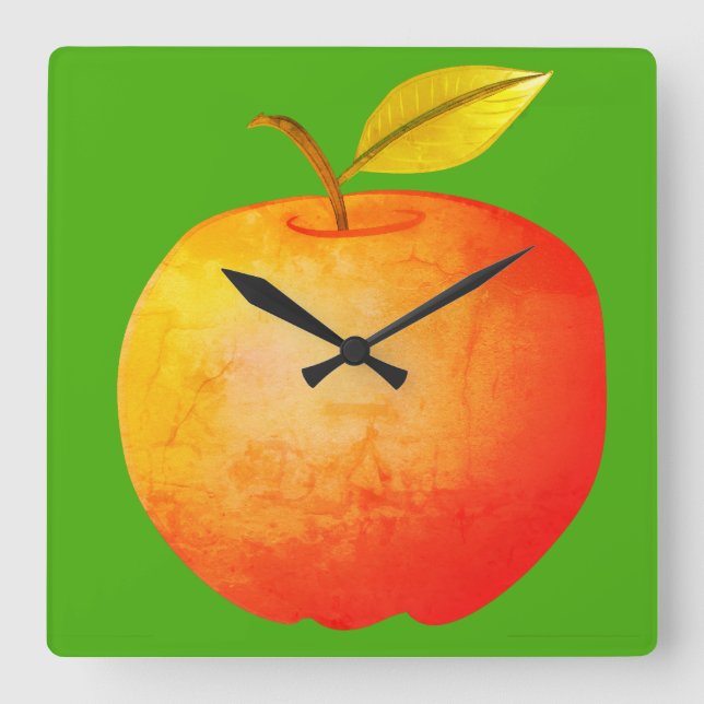 Apple Fruit Vibrant Modern Cartoon Red and Green Square Wall Clock (Front)