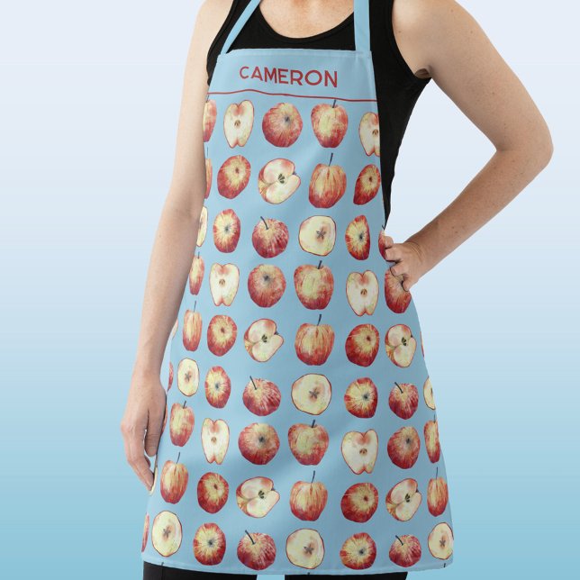 Apple Fruit Watercolor Personalised Custom Name Apron (Personalized custom name watercolor apple pattern apron for cooks, gardeners and foodies)