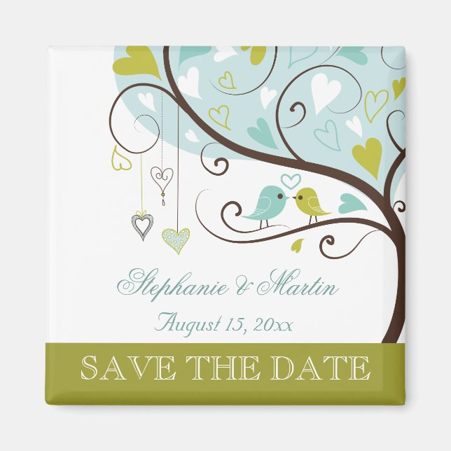 Apple green and soft blue love birds save the date magnet (Front)