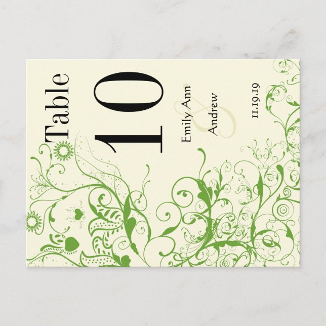 Apple Green & Black Birds Swirl Table Number Postcard (Front)