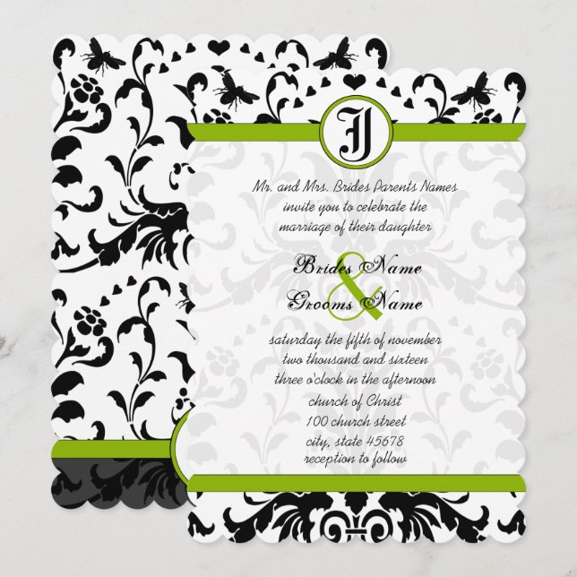 Apple Green Black Bubble Bee Damask Wedding Invite (Front/Back)