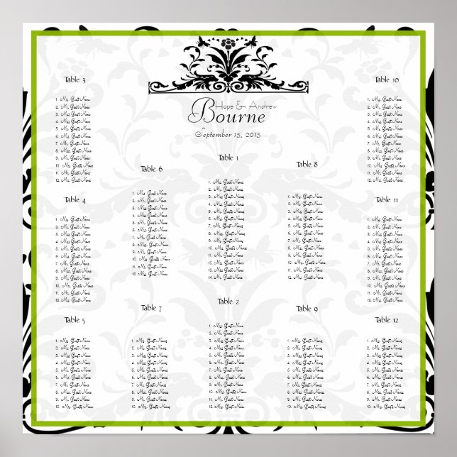 Apple Green & Black Bumble Seating Chart 12 Tables (Front)