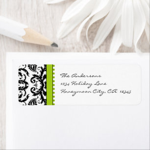 Apple Green & Black Damask Dots Address Labels