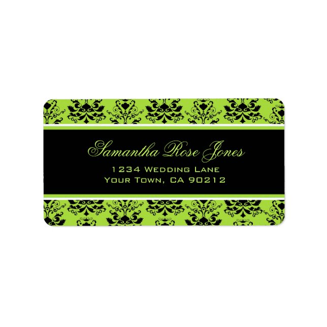 Apple Green & Black Damask Elegant Address Label (Front)