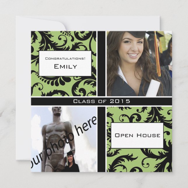 Apple Green & Black Damask  Graduation Invitation (Front)
