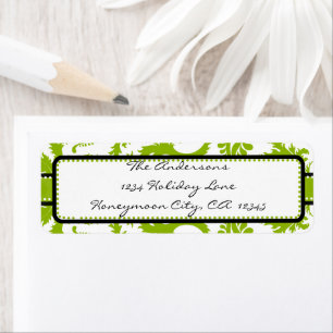 Apple Green & Black Damask Swirl Dot Address Label