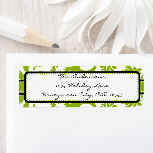 Apple Green & Black Damask Swirl Dot Address Label (Insitu)