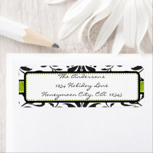 Apple Green & Black Damask Swirl Dot Label#2