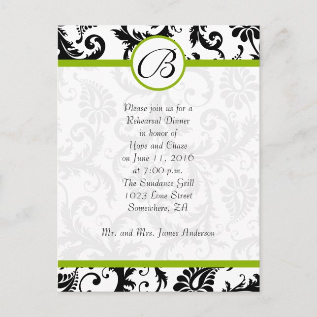 Apple Green & Black Damask Swirls Rehearsal Dinner Invitation Postcard (Front)