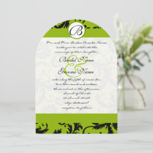 Apple Green Black Damask Swirls Wedding Invitation