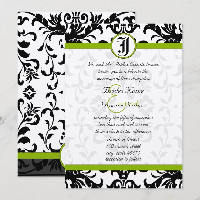 Apple Green & Black Damask Wedding Invitation (Front/Back)