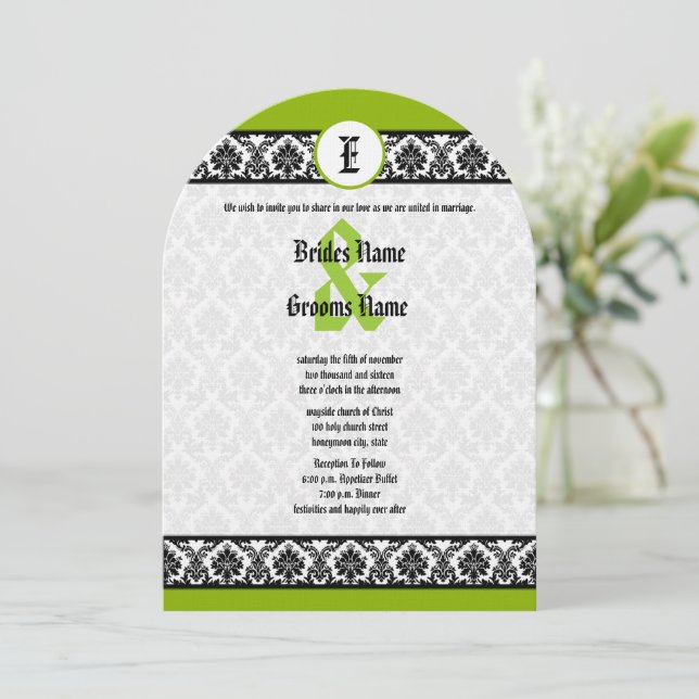 Apple Green & Black Damask Wedding Invitation (Standing Front)