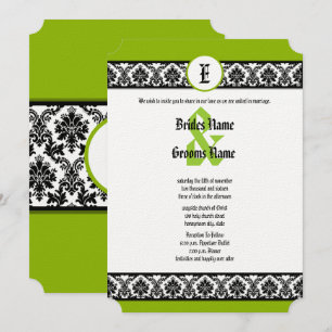 Apple Green & Black Damask Wedding Invitation