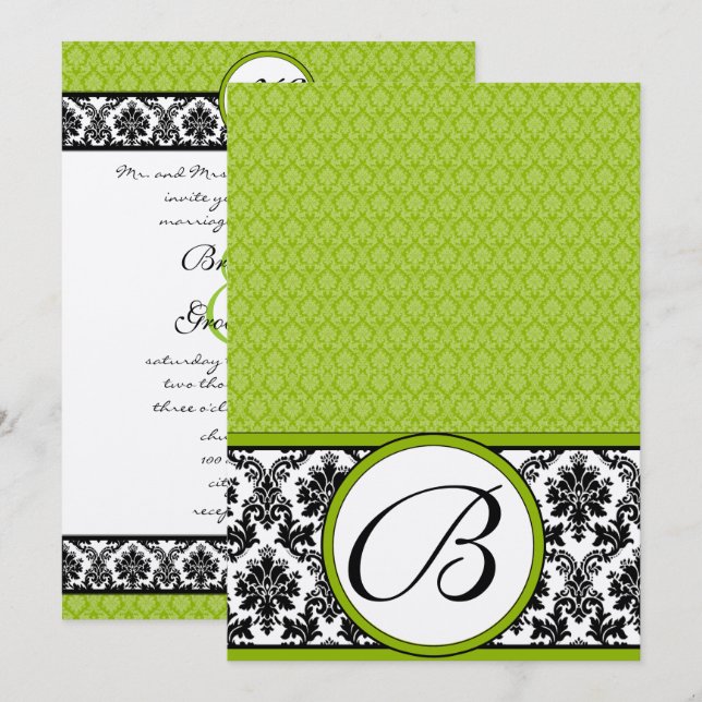 Apple Green & Black Damask Wedding Invitation (Front/Back)
