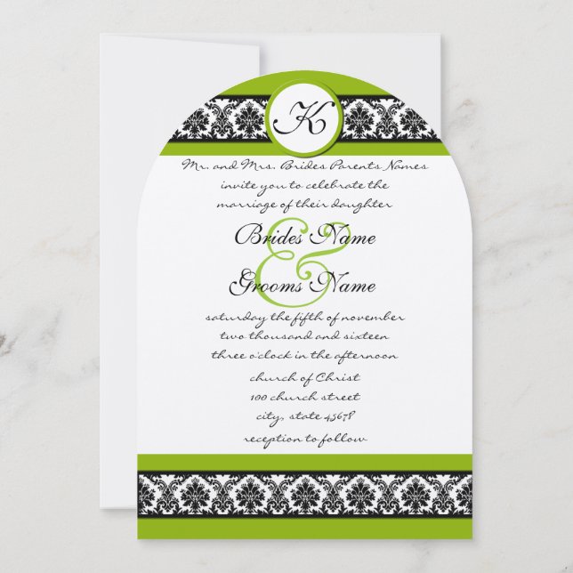 Apple Green & Black Damask Wedding Invitation (Back)