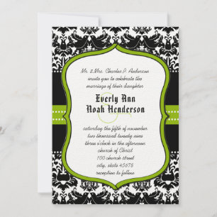 Apple Green Black Love Bird Damask Wedding Invite