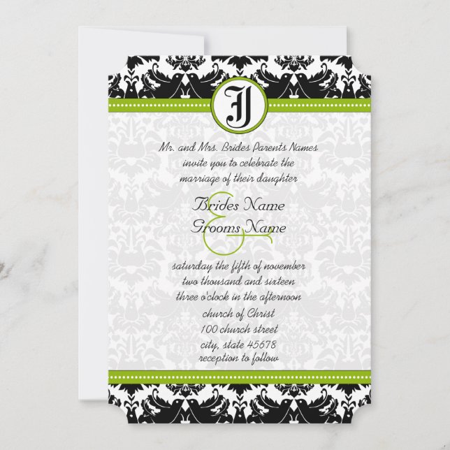 Apple Green Black Love Bird Damask Wedding Invite (Front)
