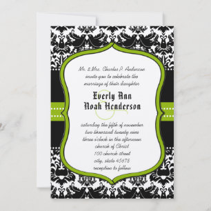 Apple Green Black Love Birds Damask Wedding Invitation