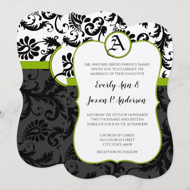 Apple Green Black Unique Damask Wedding Invitation (Front/Back)