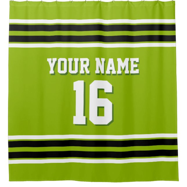 Apple Green Black White Stripes Sports Jersey Shower Curtain (Front)