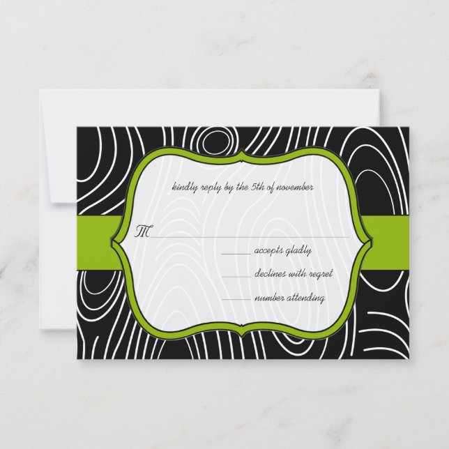 Apple Green & Black Wood Grain Wedding RSVP Card (Front)