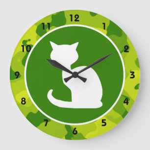 Apple Green Camo; White Cat Large Clock