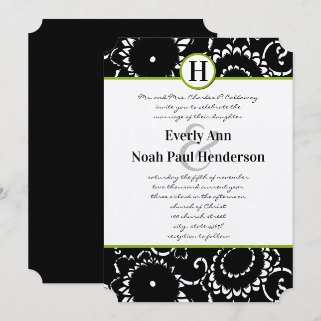 Apple Green Damask Sunflowers Wedding Invitation (Front/Back)