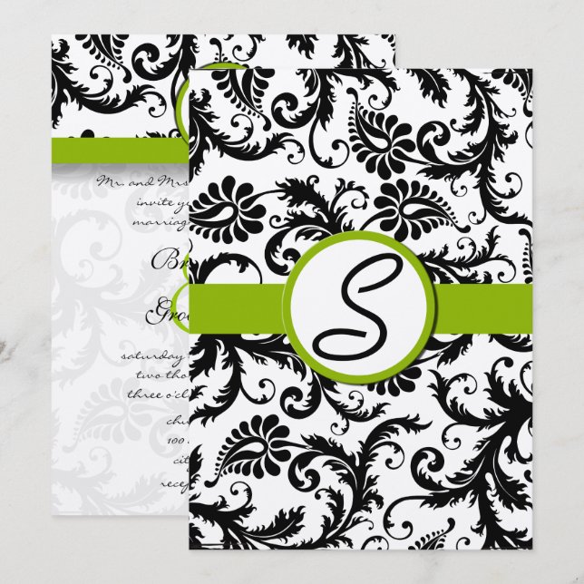 Apple Green Damask Swirls Wedding Invitation (Front/Back)