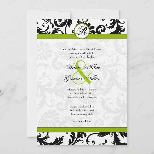 Apple Green Damask Swirls Wedding Invitation (Front)
