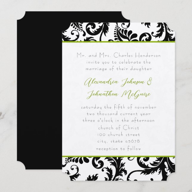 Apple Green Damask Swirls Wedding Invitation (Front/Back)