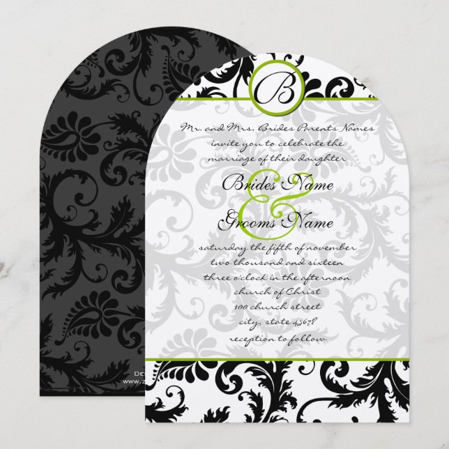 Apple Green Damask Swirls Wedding Invitation (Front/Back)