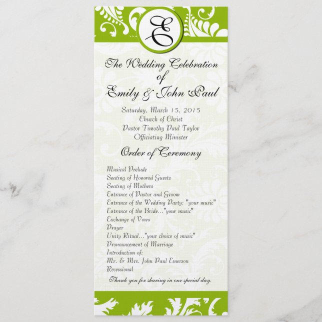Apple Green  Damask Swirls Wedding Program Programme (Front)