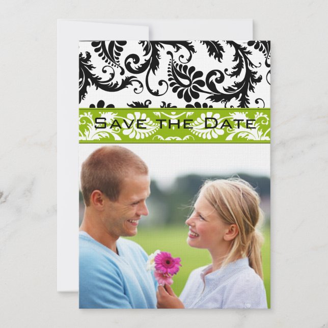 Apple Green Damask Swirls Wedding Save the Date Invitation (Front)